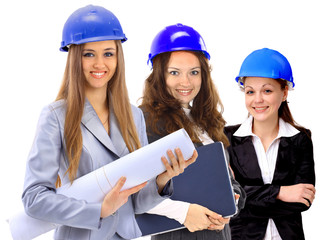 Three women architect team. Isolated on a white