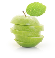 Sliced green apple on the white background