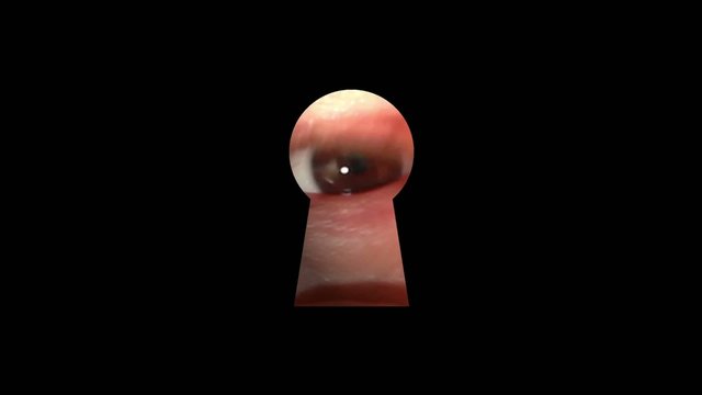 Man looks through a keyhole