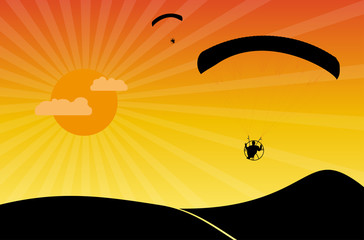 Paragliders at sunset. Vector illustration.