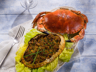 stuffed crab with green salad