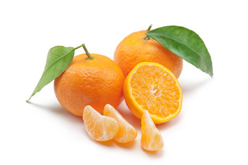 tangerines with slice and segments, on white background