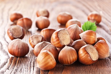 Filberts on a wooden table. Close-up shot.