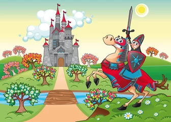 Foto op Plexiglas Ridders Panorama met middeleeuws kasteel en ridder. Vector illustratie.