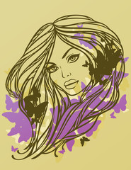 Portrait of long haired sexy girl with butterflies. Vector illus
