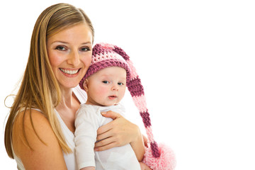 Mother with happy and cute infant baby girl isolated on white