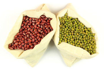 Organic Azuki and Mung Beans in Fabric bags.