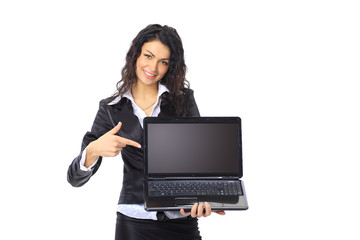 businesswoman showing a laptop screen with copyspace
