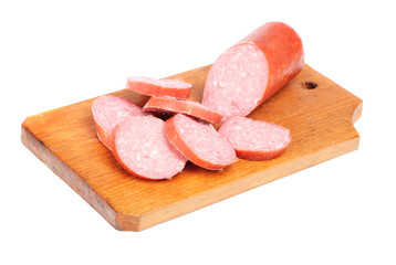 salami sausage sliced on cutting board isolated on white