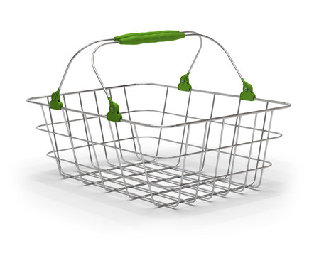 panier d'achat vert, caddie m&eacute;tallique fond blanc