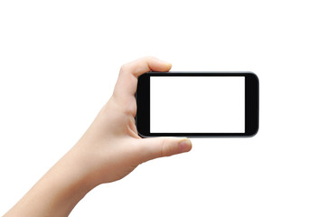 Hand holding big touchscreen smart phone, clipping path