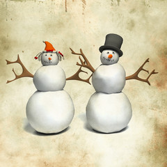 happy snowman and snow woman