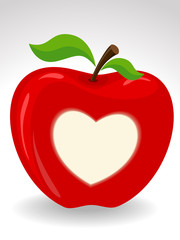 Vector, red apple with a heart symbol on isolated background.