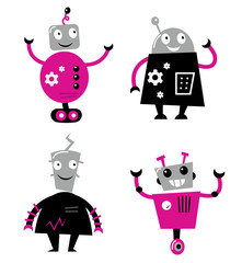 Niedliche Retro-Roboter-Set isoliert auf weiss (rosa und schwarz)