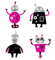 Fototapete Roboter Niedliche Retro-Roboter-Set isoliert auf weiss (rosa und schwarz)