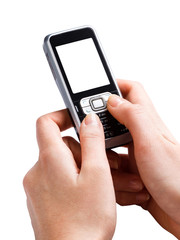 mobile phone in the hands of the blank screen