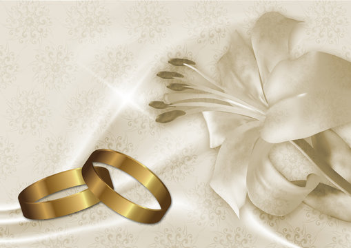 wedding card with gold rings and lily
