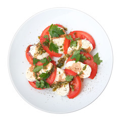 Mozzarella with tomato, fresh basil and capers sauce