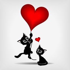 two black kittens and red heart-balloons
