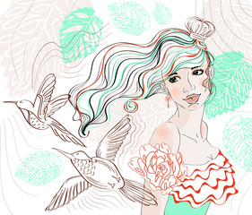 Beautiful  background with tender girl and flowers