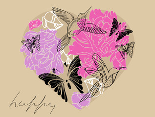 Valentine floral brown and pink  background with heart