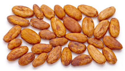 Raw cacao beans arranged in rectangle shape.