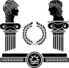 greek columns and human heads
