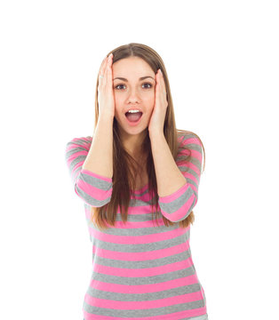 surprised young lady looking up isolated white background