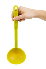 Small teflon ladle in his hand