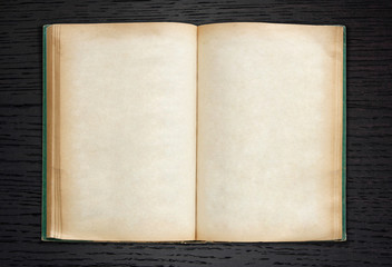 old book open on dark wood background