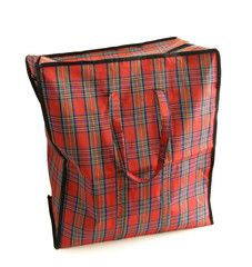 Red tartan bag isolated on white