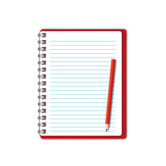 New Red notebook and blank paper with pencil.