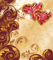 Obraz na płótnie Canvas Love card with two ruby hearts, vector illustration