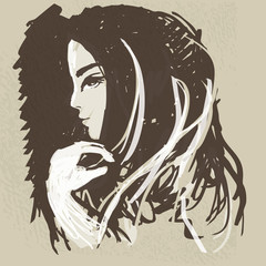 Aquarelle sketch of young mysterious woman
