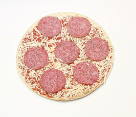 frozen pizza with salami and cheese