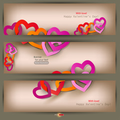 Set of three banners with paper hearts. Valentine's Day. Vector