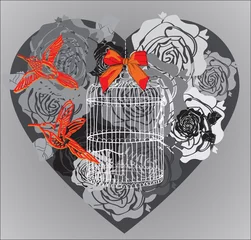 Photo sur Aluminium Oiseaux en cages Fond de la Saint-Valentin avec coeur floral et cage