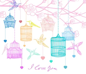 Cercles muraux Oiseaux en cages Fond de dessin de main de Valentine avec des oiseaux, des fleurs et une cage