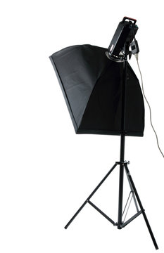 Studio flash with soft-box isolated on a white background