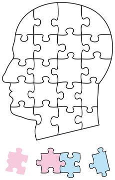 Jigsaw puzzle head with single pieces. They can be individually removed and arranged. Illustration on white background. Vector.