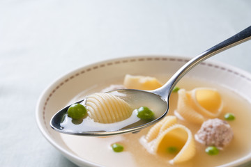 Catalan cuisine. Spoon of soup with meat of the pot