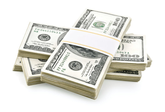 pile of packed dollars money isolated on white background