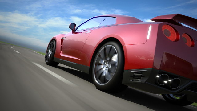 Red sports car moving on the road, repeatly.