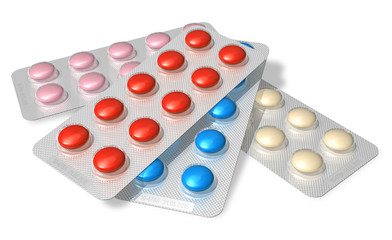 Set of color pills in blister packs