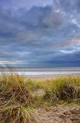 Grassy sand dunes during sunset