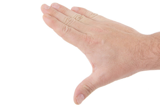 main ouverte qui tiens un objet publicitaire sur fond blanc