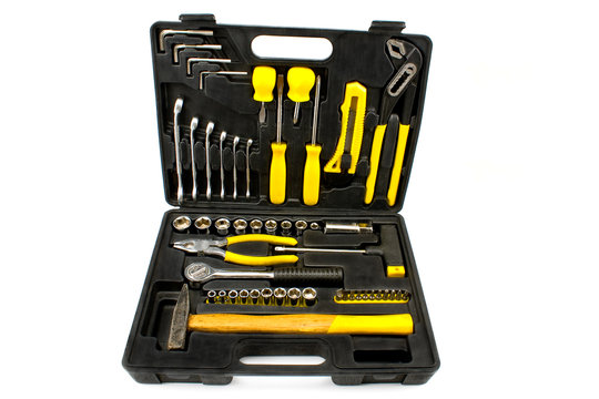 Set of various chrome yellow tools in box