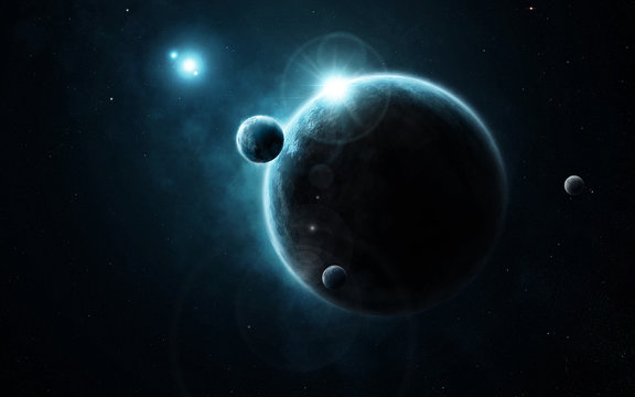 Fototapeta Young planet system in far deep space, concept