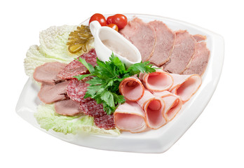 sliced food  meat and sausage arrangement .