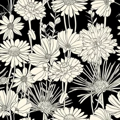 Wall murals Flowers black and white Black and white floral seamless pattern